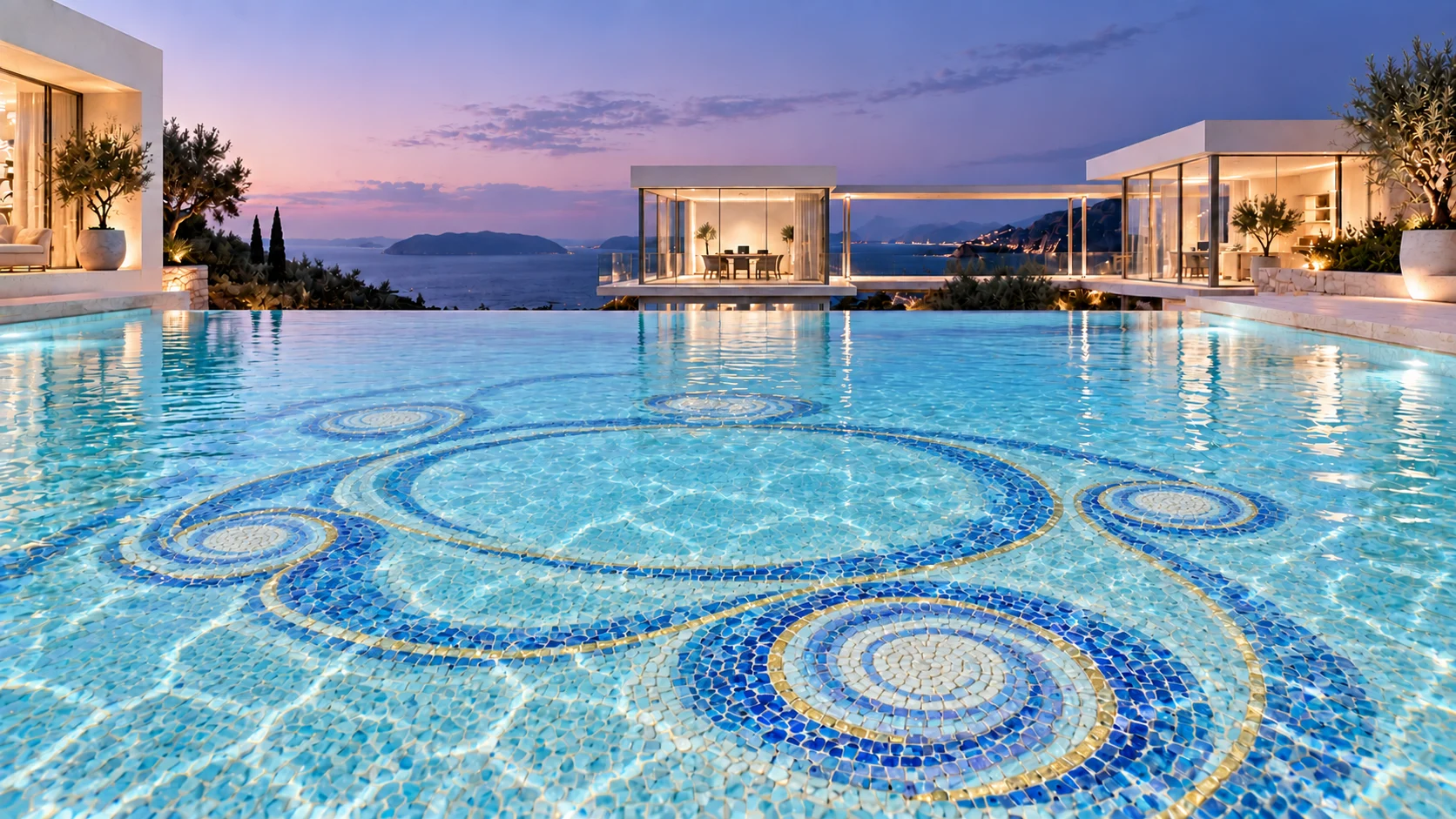 The pavilion pool — connected pavilions · blue hour, with connected teal and pearl mosaic rosettes on the pool floor.