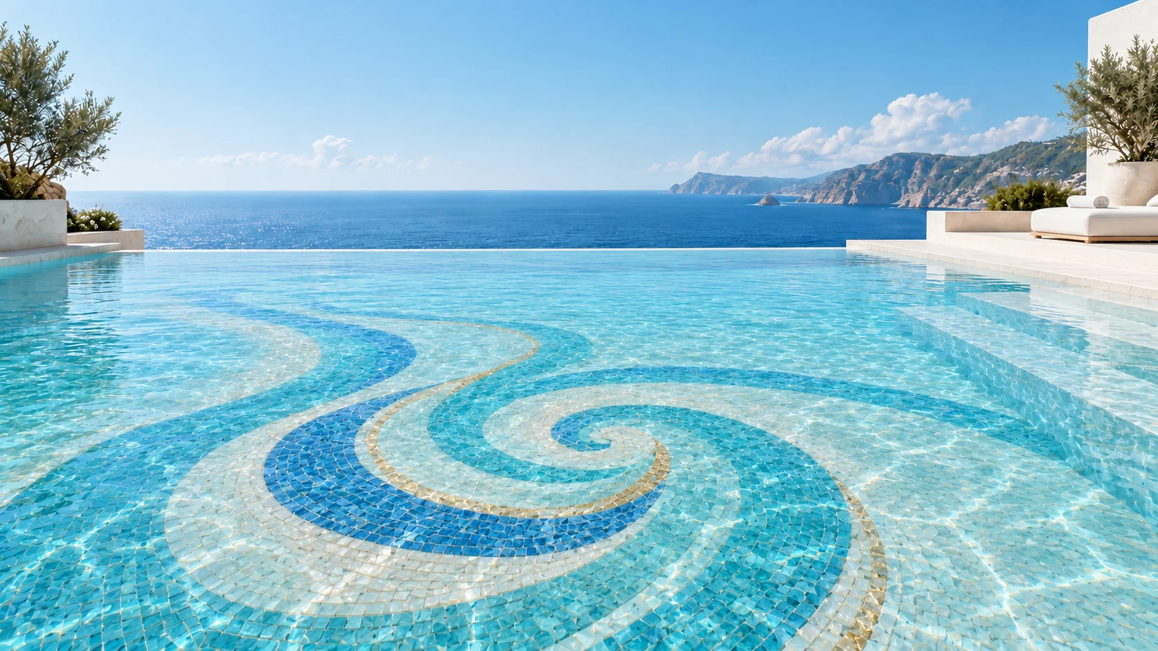 The infinity pool — coastal · morning, with flowing turquoise and pearl tesserae converging into one current on the pool floor.