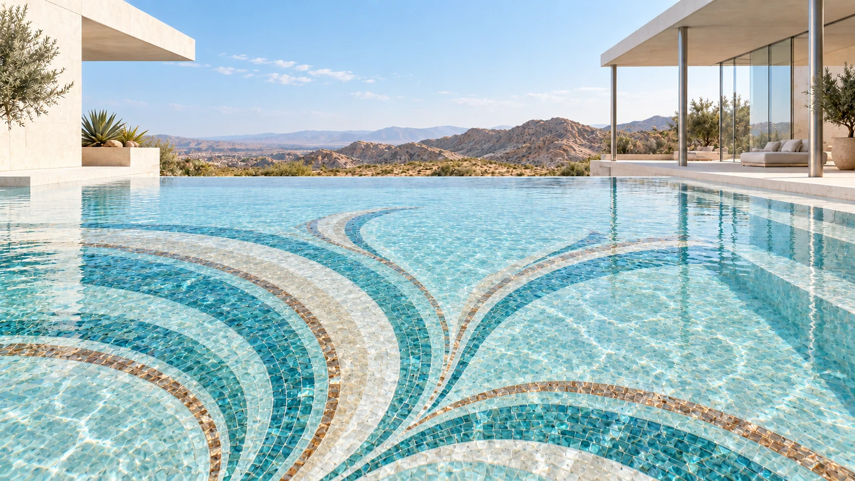 The studio pool — desert studio · afternoon, with composed blue, amber, and cream tesserae on the pool floor.
