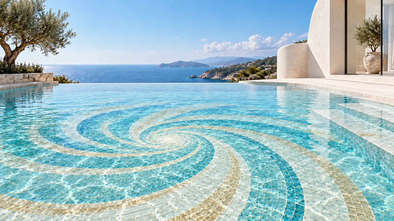 The courtyard pool — limestone courtyard · morning, with an opening path of pale blue and cream tesserae on the pool floor.