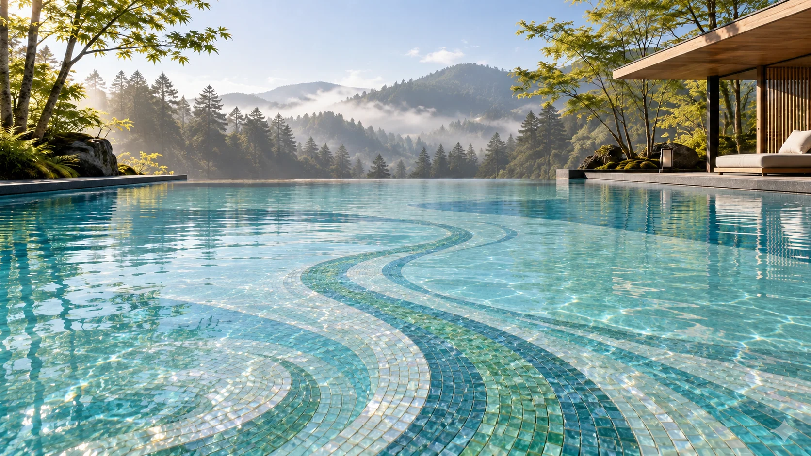 The quiet pool — forest · first light, with a jade and turquoise mosaic pathway on the pool floor.