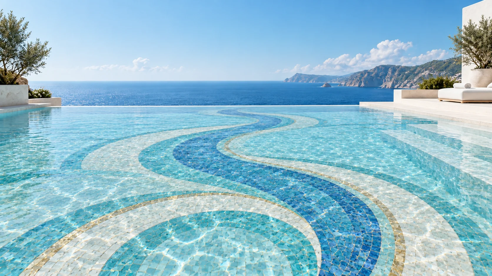 The infinity pool — coastal · morning, with a turquoise and gold mosaic threshold on the pool floor.