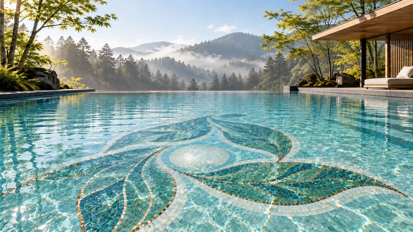 The quiet pool — forest · first light, with a protected ring of jade and pearl tesserae on the pool floor.