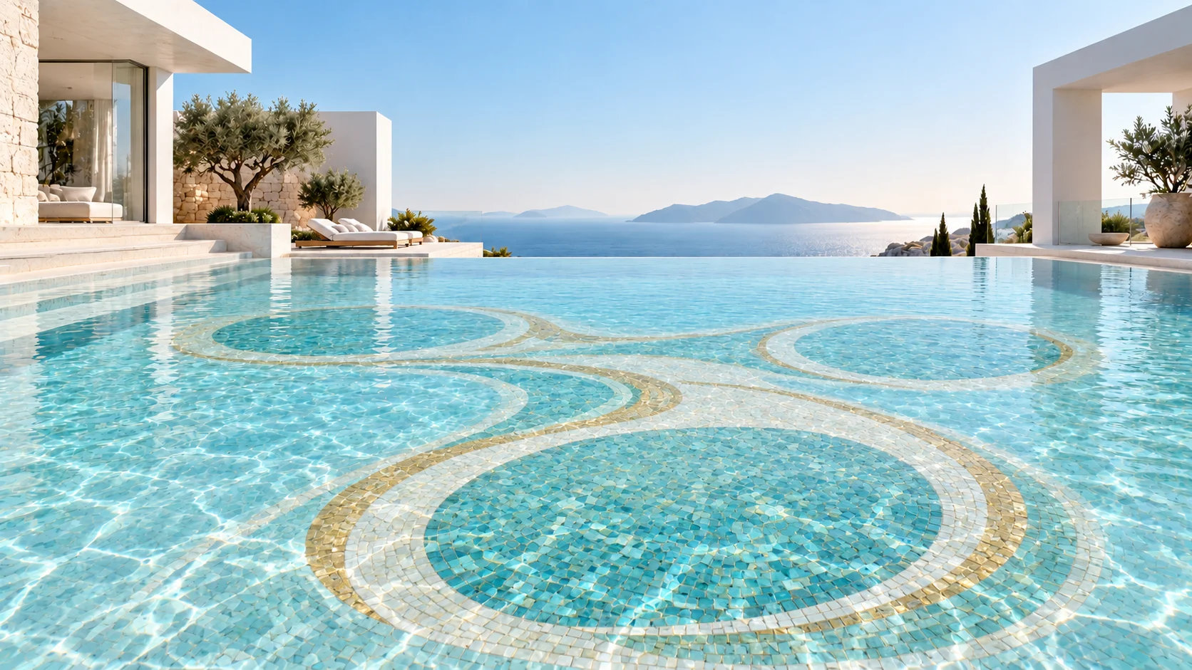 The connected pool — travertine terraces · morning, with interwoven pale aqua and travertine tesserae on the pool floor.